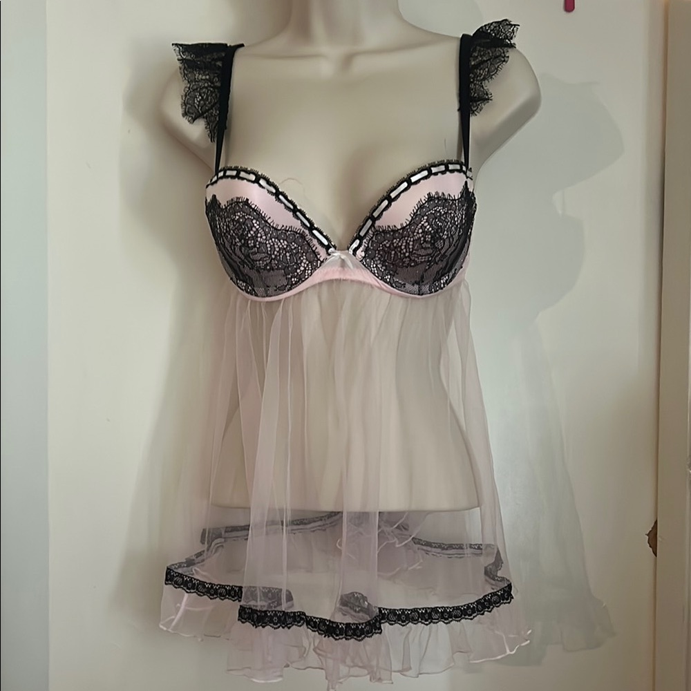 Elegant Pink and Black Lace Babydoll Lingerie
